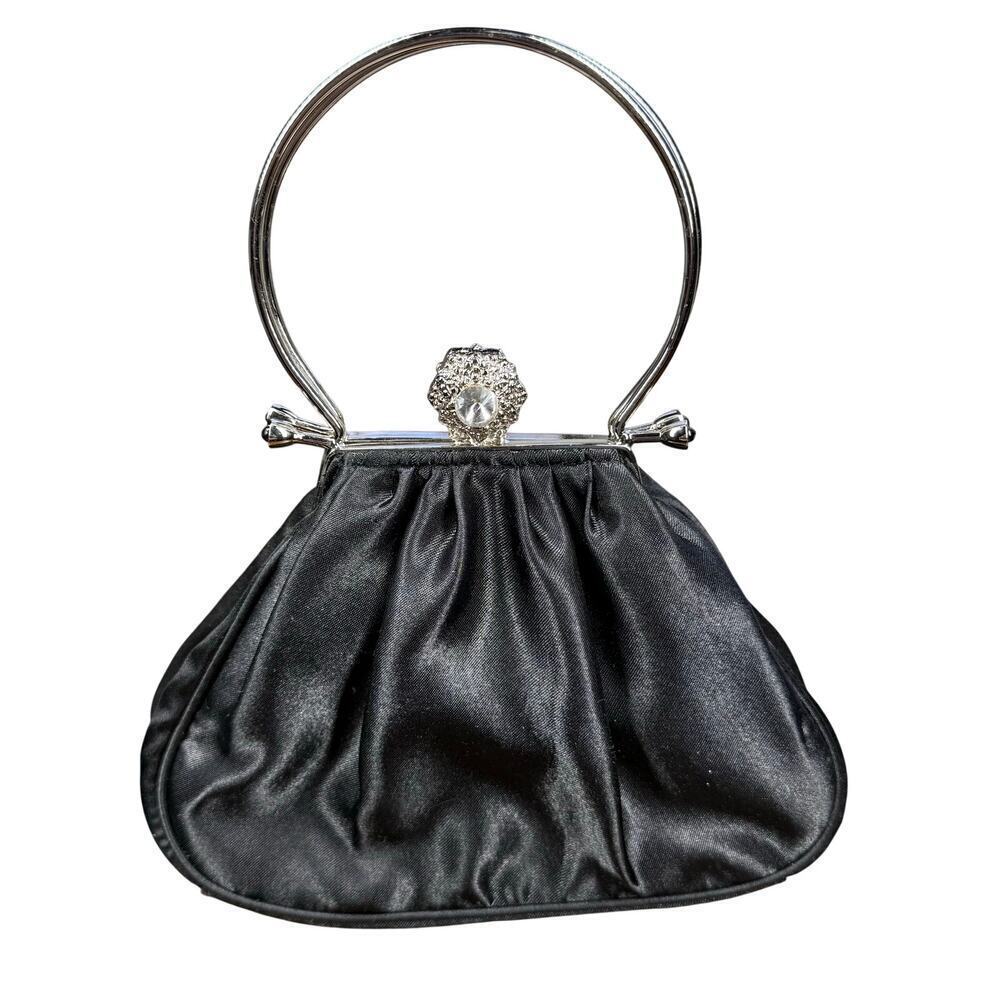 Jessica McClintock Vintage 80s Black Crystal Clasp Hand Bag